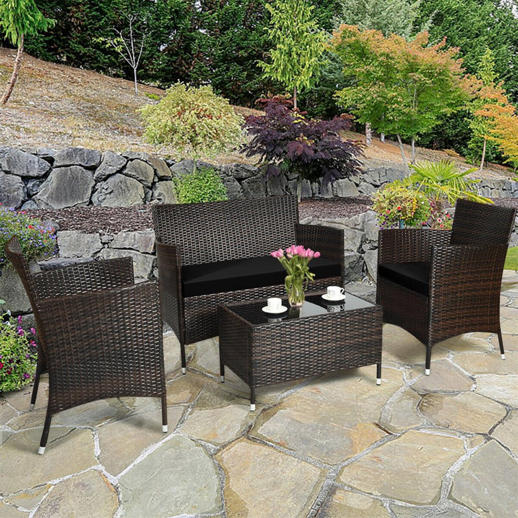 4-Piece Outdoor Rattan Patio Furniture Set With Cushions & Coffee Table