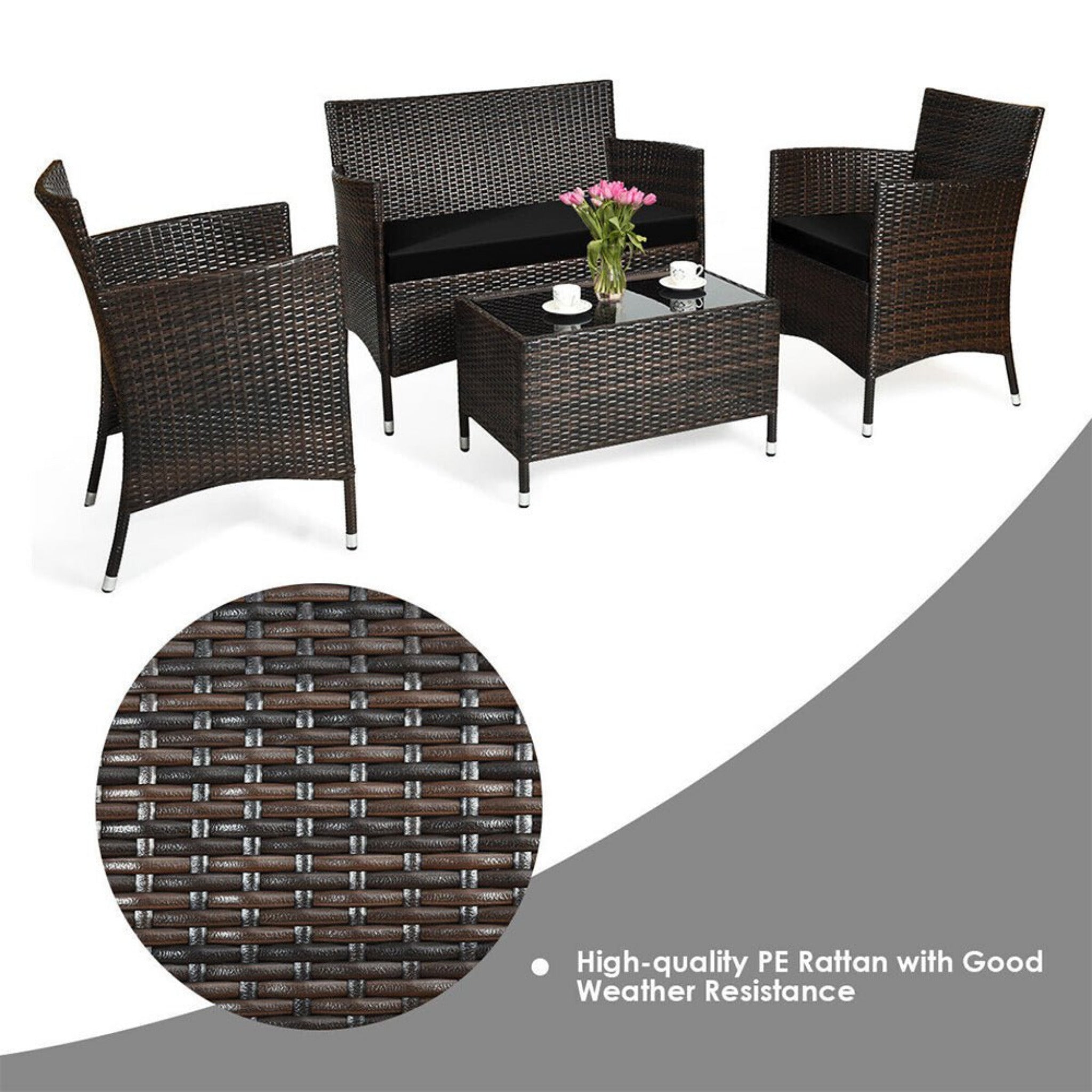4-Piece Outdoor Rattan Patio Furniture Set With Cushions & Coffee Table