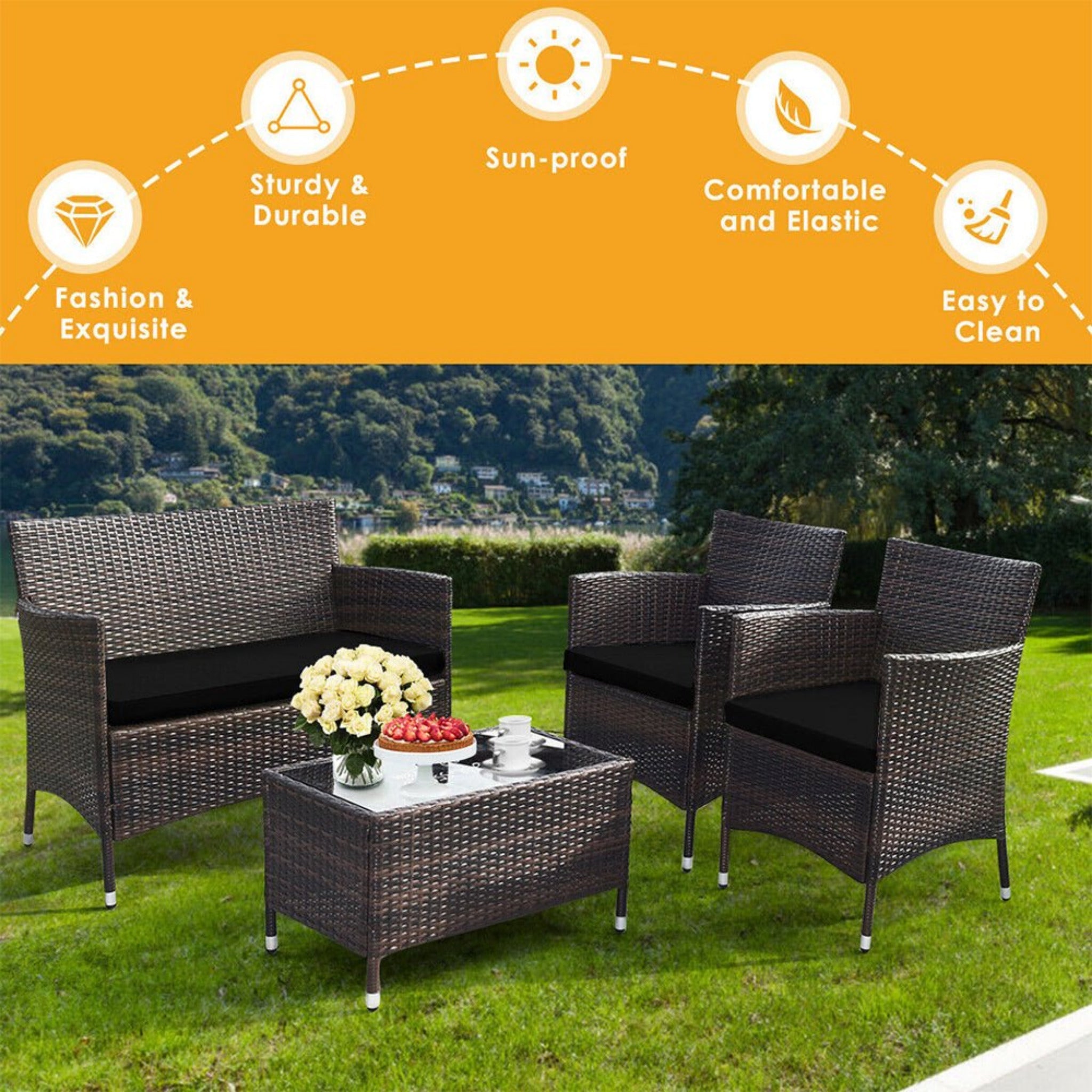 4-Piece Outdoor Rattan Patio Furniture Set With Cushions & Coffee Table