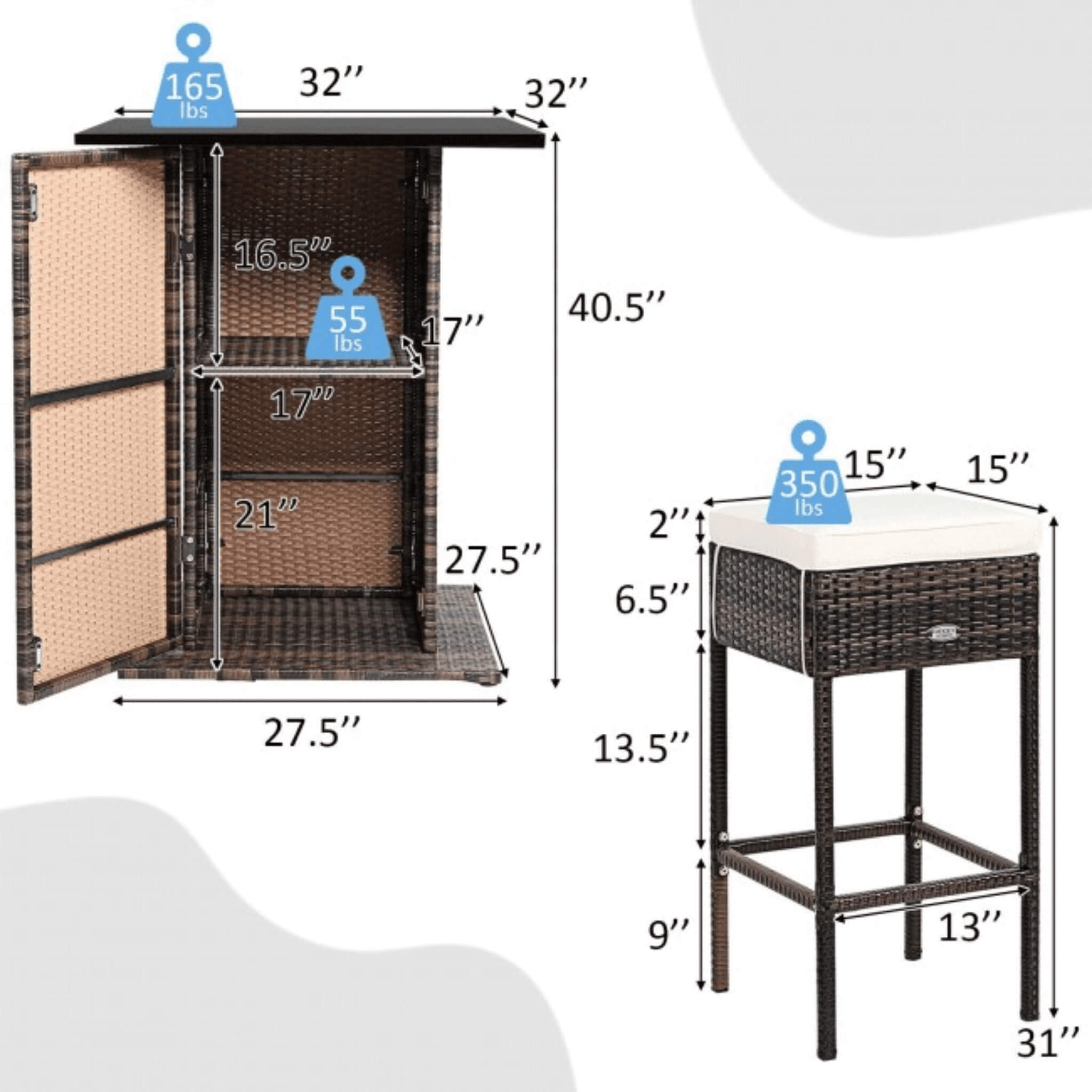 5-Piece Patio Rattan Bar Table Stool Set with Hidden Storage Shelf & Cushions