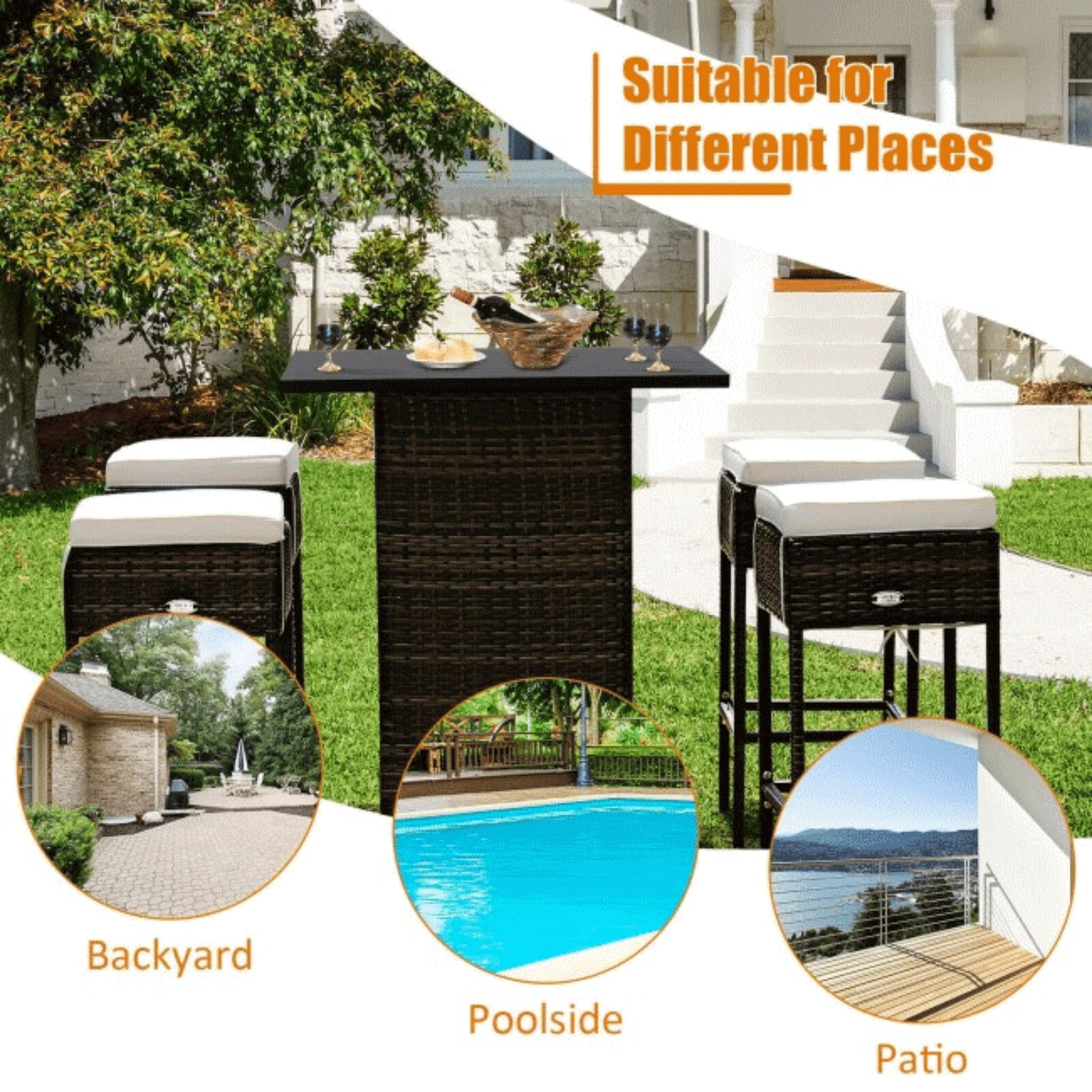 5-Piece Patio Rattan Bar Table Stool Set with Hidden Storage Shelf & Cushions