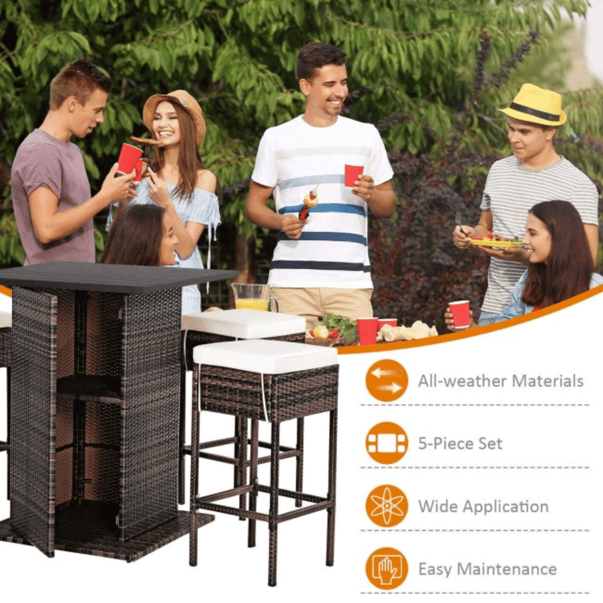 5-Piece Patio Rattan Bar Table Stool Set with Hidden Storage Shelf & Cushions