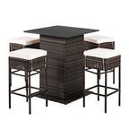 5-Piece Patio Rattan Bar Table Stool Set with Hidden Storage Shelf & Cushions