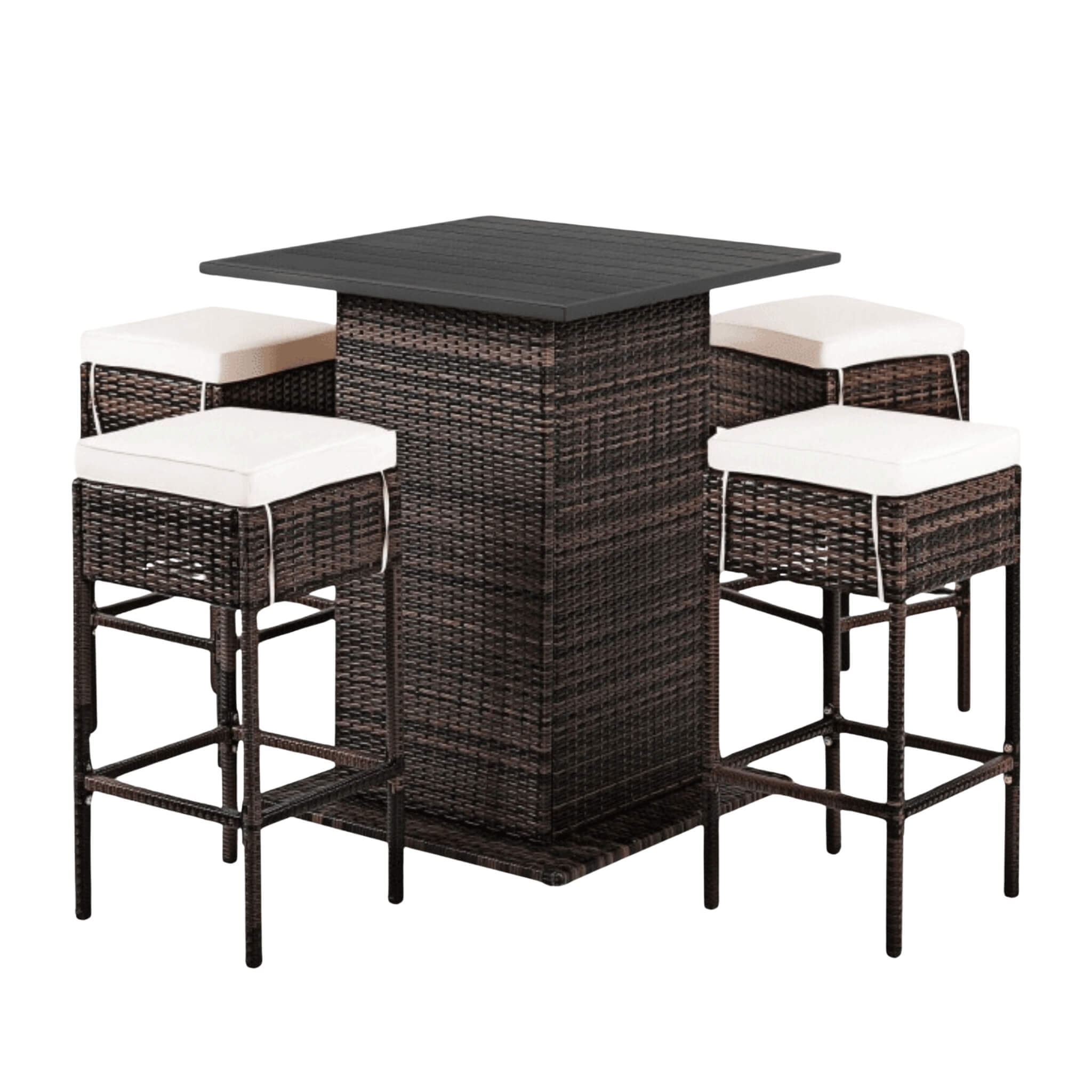 5-Piece Patio Rattan Bar Table Stool Set with Hidden Storage Shelf & Cushions