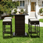 5-Piece Patio Rattan Bar Table Stool Set with Hidden Storage Shelf & Cushions