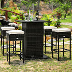 5-Piece Patio Rattan Bar Table Stool Set with Hidden Storage Shelf & Cushions