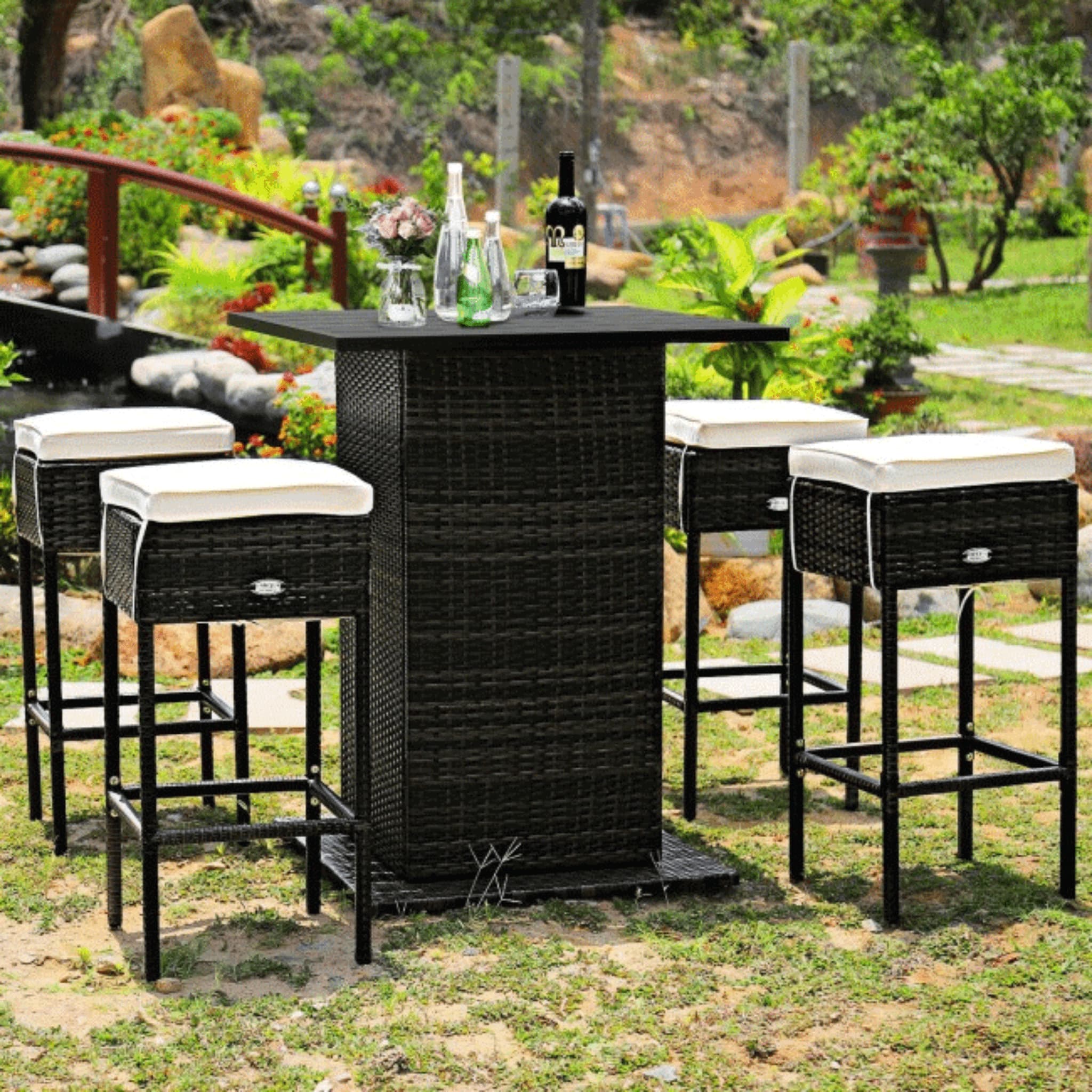 5-Piece Patio Rattan Bar Table Stool Set with Hidden Storage Shelf & Cushions