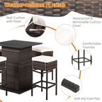 5-Piece Patio Rattan Bar Table Stool Set with Hidden Storage Shelf & Cushions