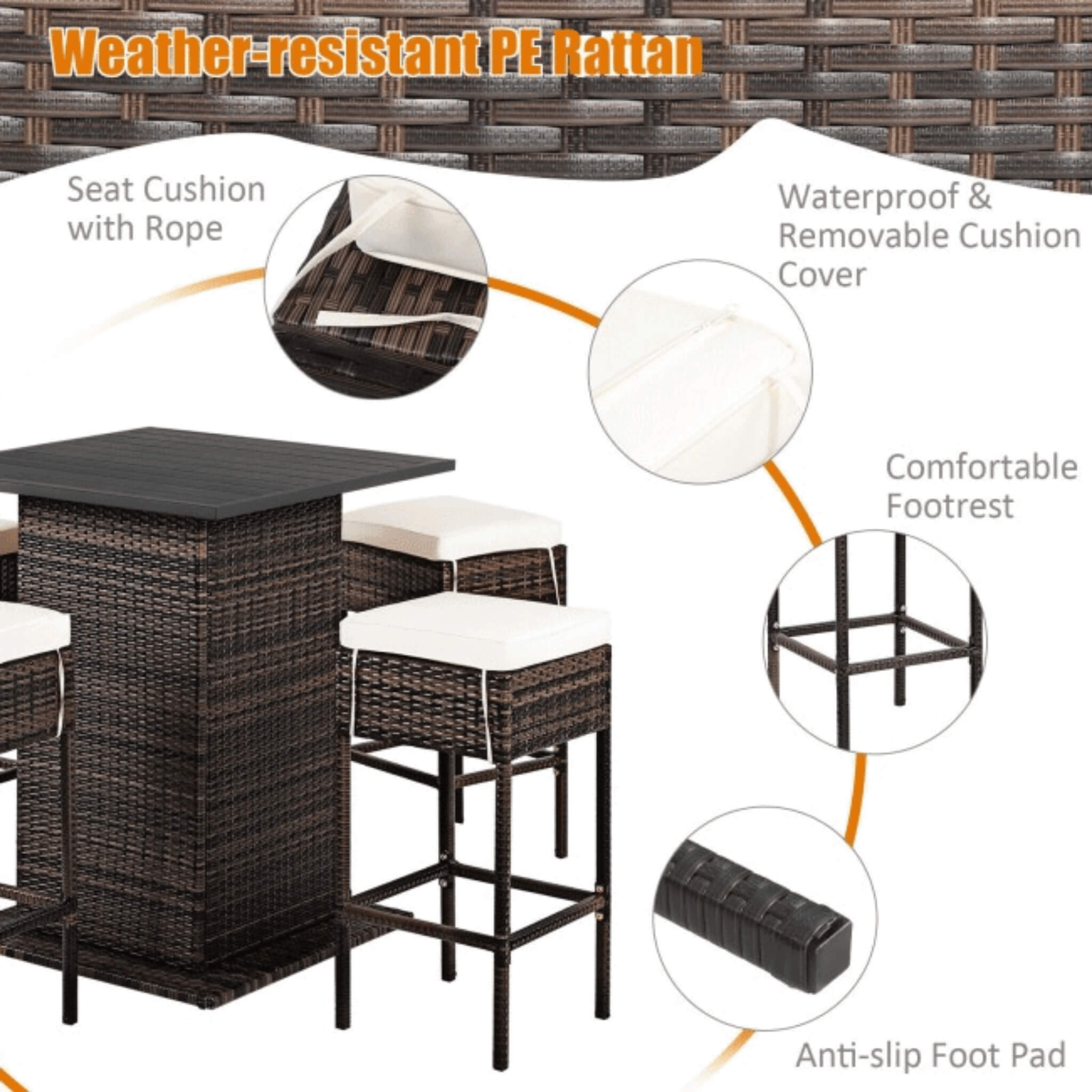 5-Piece Patio Rattan Bar Table Stool Set with Hidden Storage Shelf & Cushions