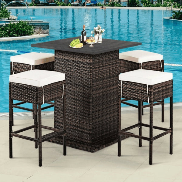 5-Piece Patio Rattan Bar Table Stool Set with Hidden Storage Shelf & Cushions