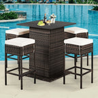 5-Piece Patio Rattan Bar Table Stool Set with Hidden Storage Shelf & Cushions