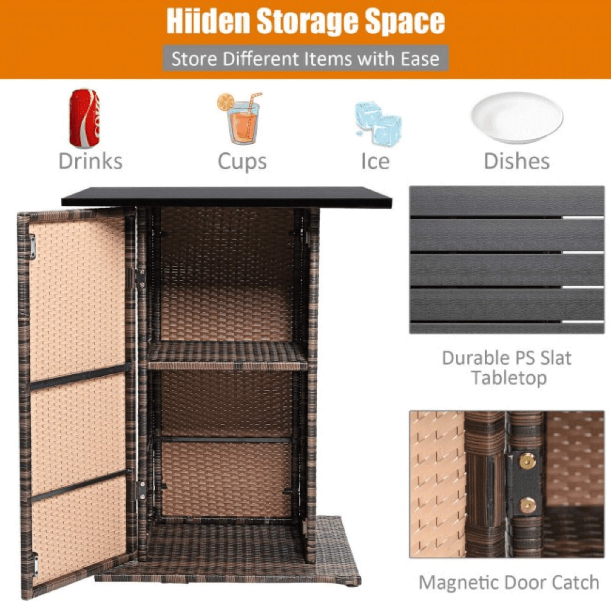 5-Piece Patio Rattan Bar Table Stool Set with Hidden Storage Shelf & Cushions