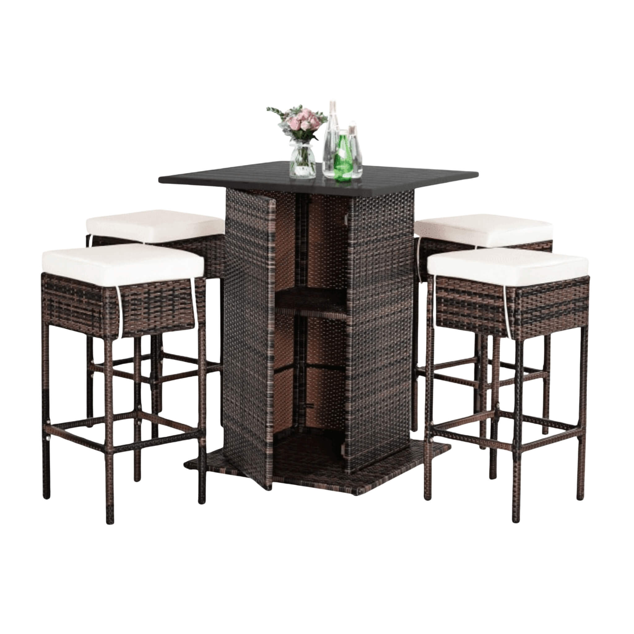 5-Piece Patio Rattan Bar Table Stool Set with Hidden Storage Shelf & Cushions