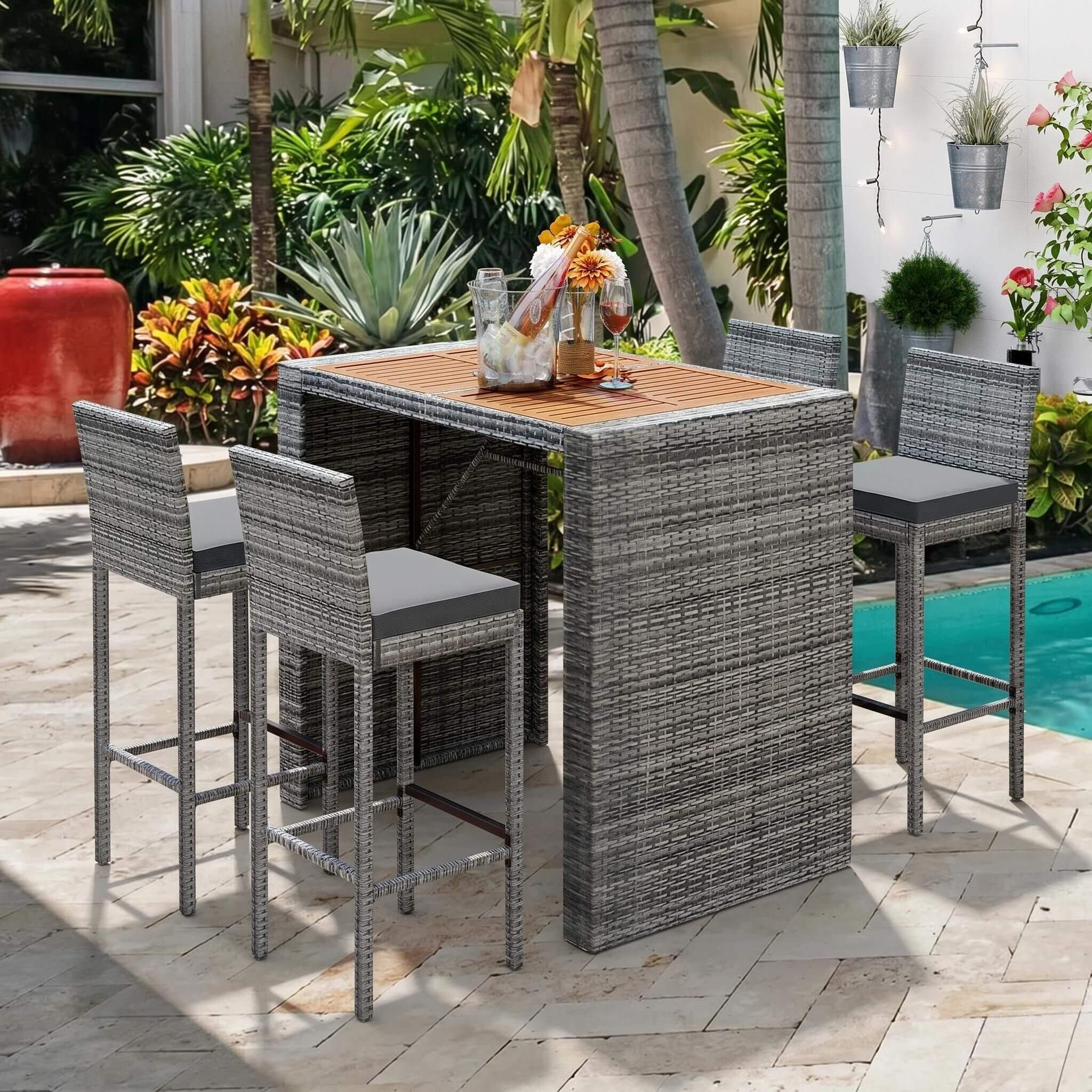 5-Piece Wicker Patio Bar Set With Cushions & Acacia Table