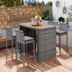 5-Piece Wicker Patio Bar Set With Cushions & Acacia Table