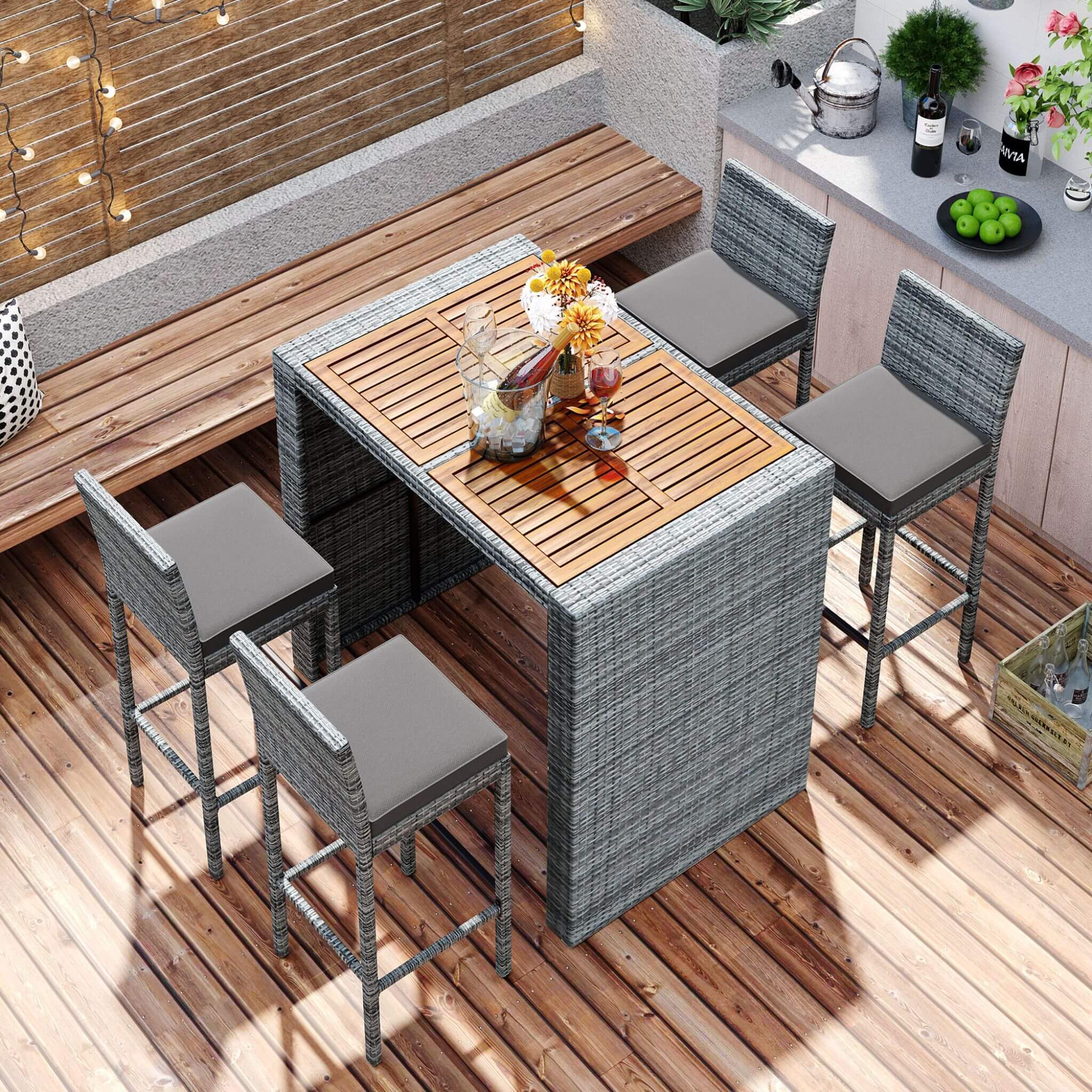 5-Piece Wicker Patio Bar Set With Cushions & Acacia Table
