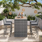 5-Piece Wicker Patio Bar Set With Cushions & Acacia Table