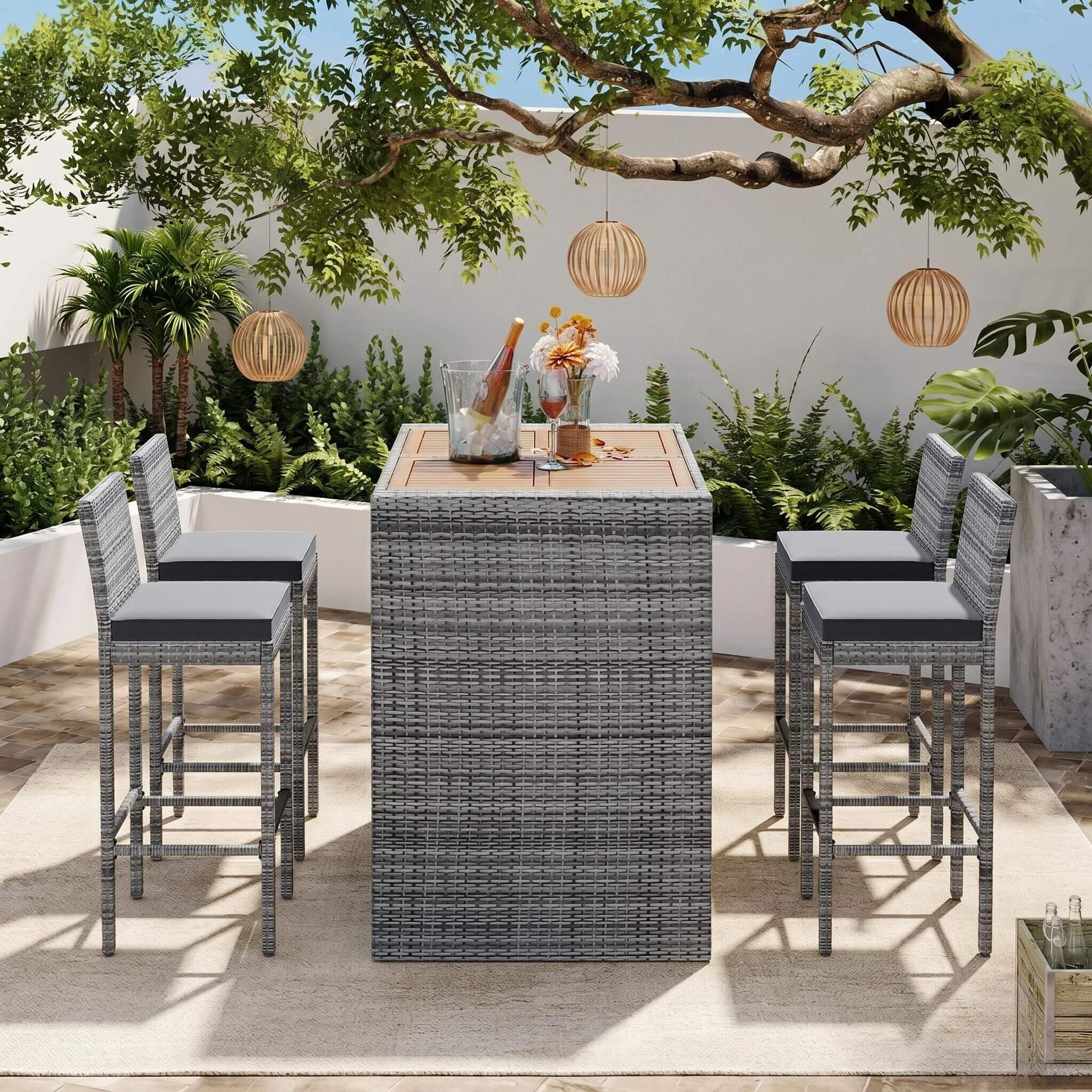 5-Piece Wicker Patio Bar Set With Cushions & Acacia Table