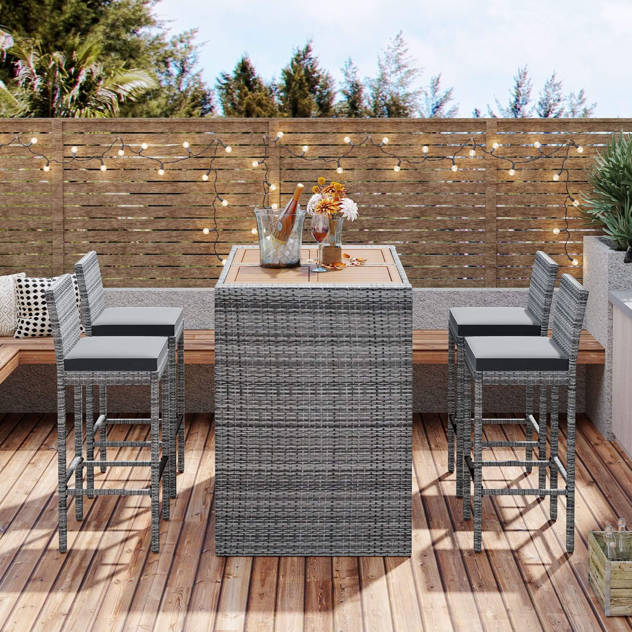 5-Piece Wicker Patio Bar Set With Cushions & Acacia Table