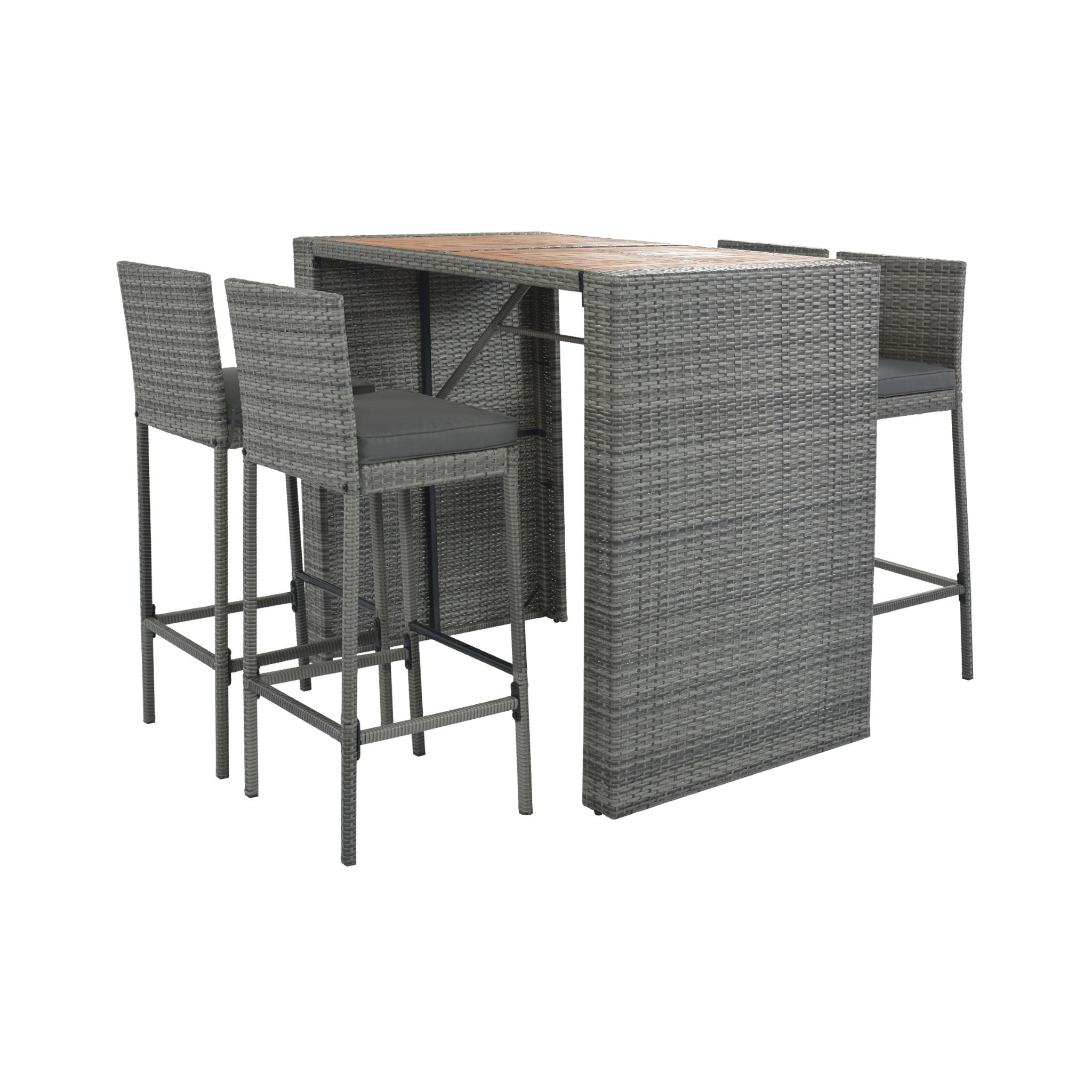 5-Piece Wicker Patio Bar Set With Cushions & Acacia Table