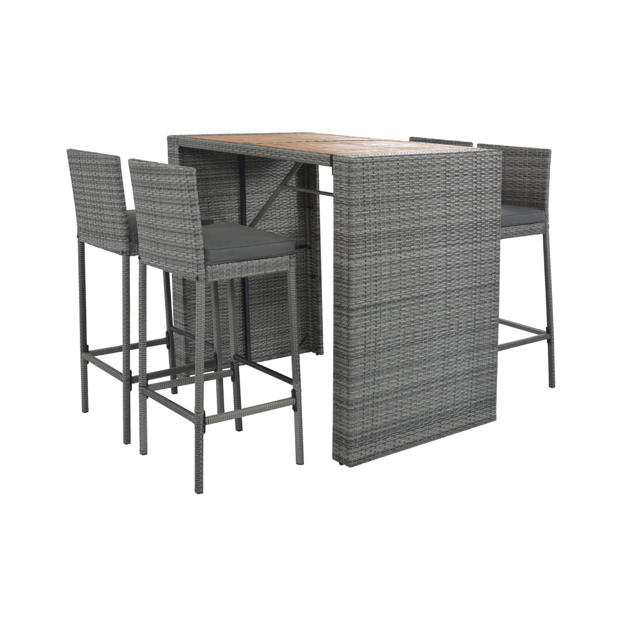 5-Piece Wicker Patio Bar Set With Cushions & Acacia Table