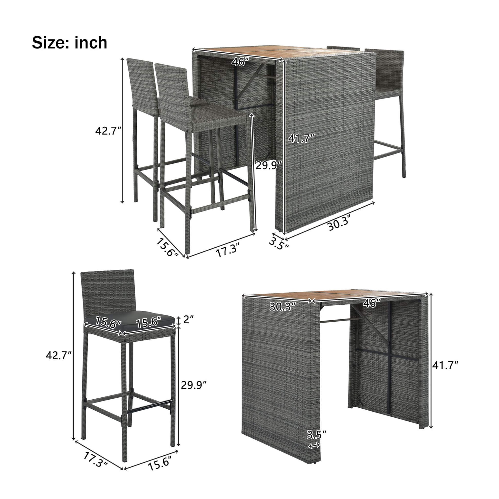 5-Piece Wicker Patio Bar Set With Cushions & Acacia Table