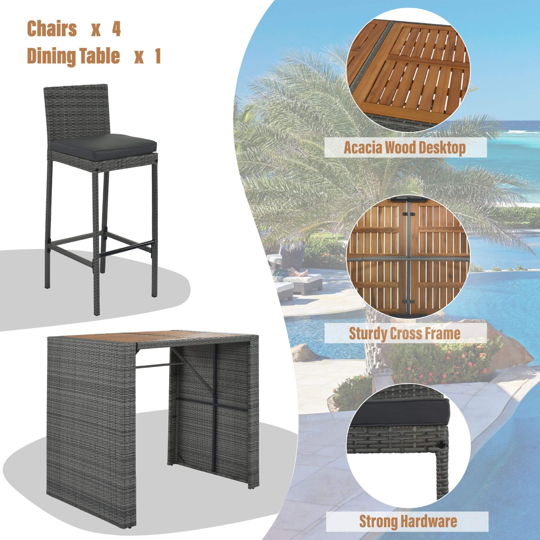 5-Piece Wicker Patio Bar Set With Cushions & Acacia Table