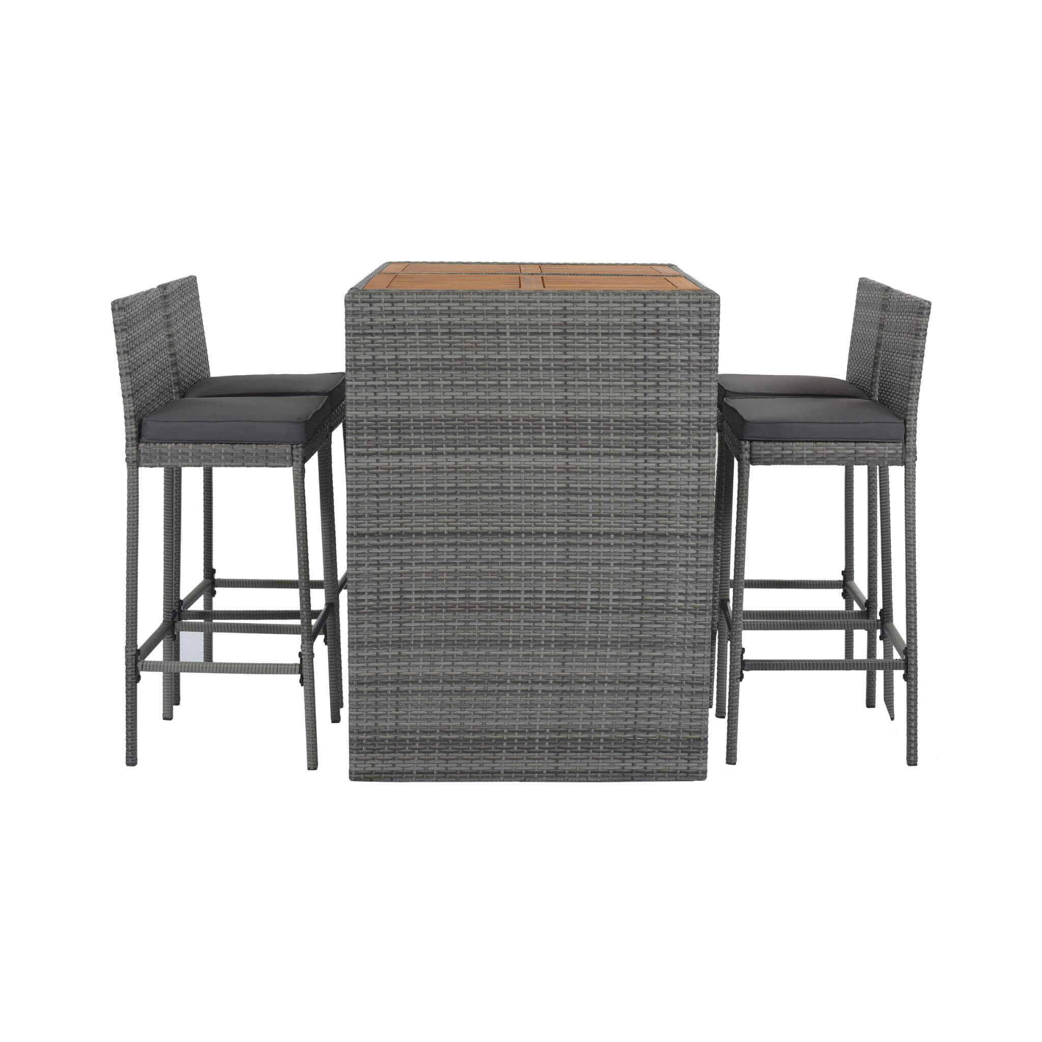 5-Piece Wicker Patio Bar Set With Cushions & Acacia Table