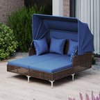 Outdoor Daybed with Retractable Canopy - Wicker Rattan Patio Lounger