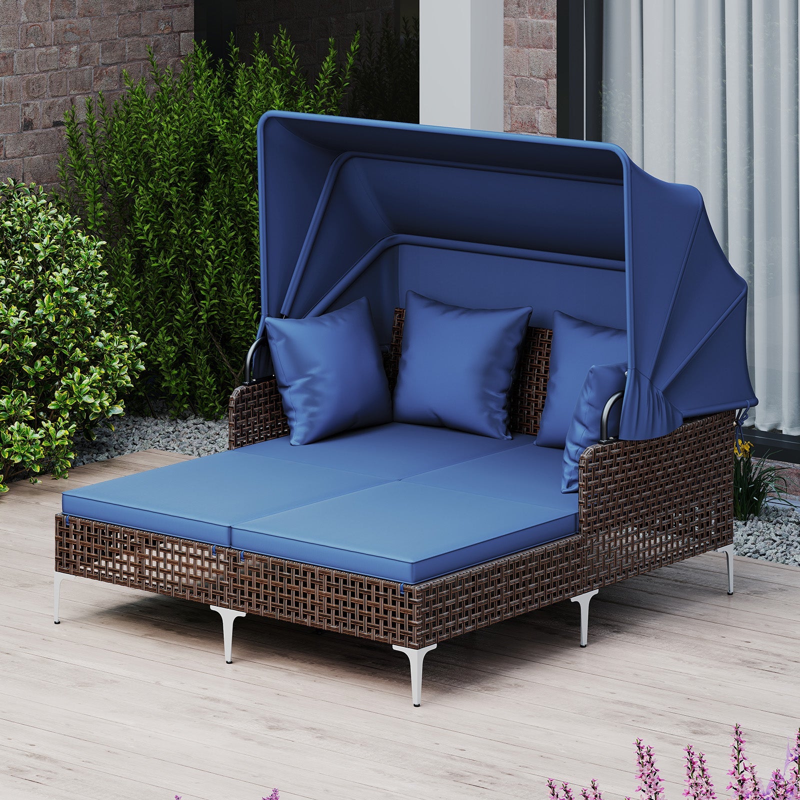 Outdoor Daybed with Retractable Canopy - Wicker Rattan Patio Lounger