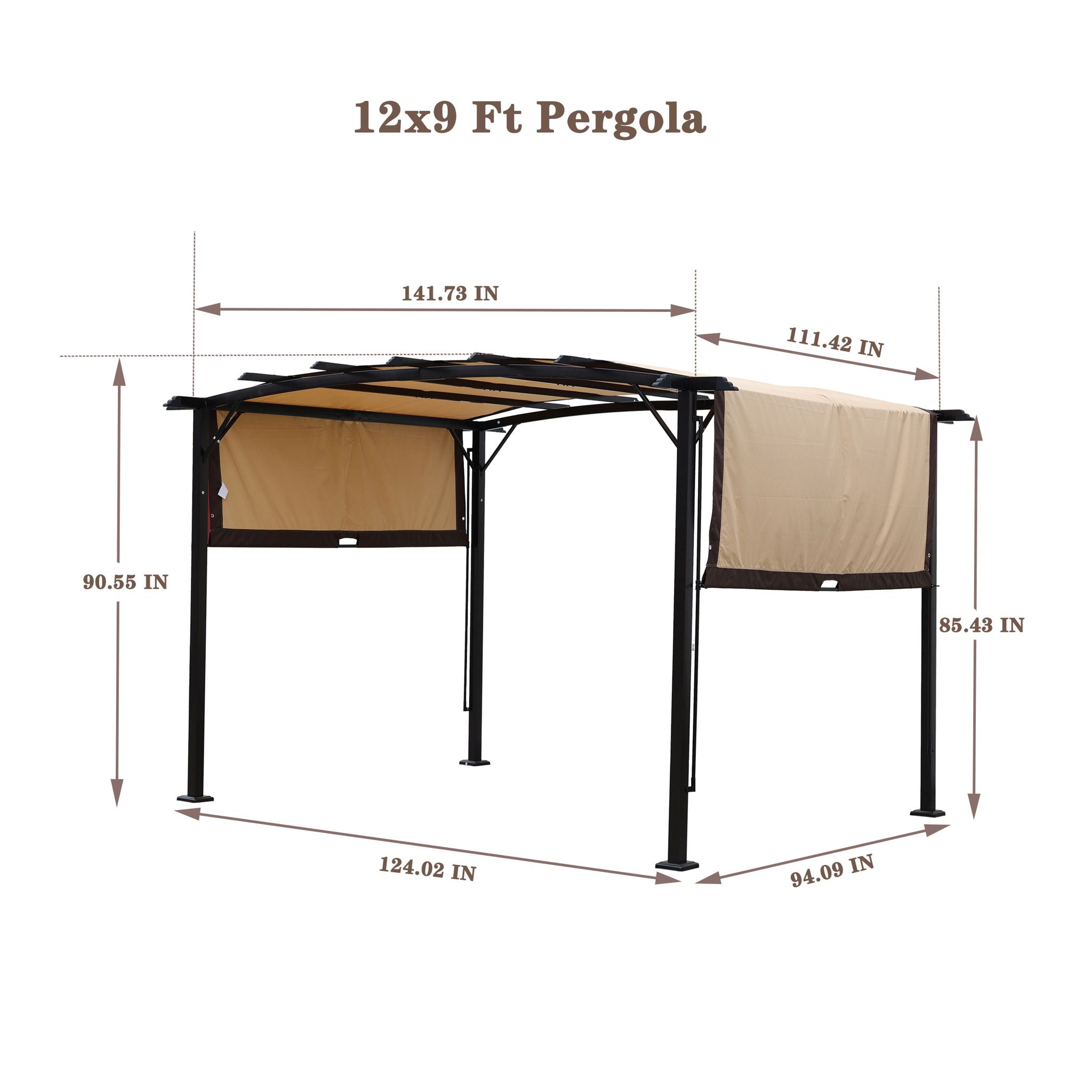 12' x 9' Outdoor Patio Pergola Gazebo - Steel Frame Sun Shelter With Retractable Canopy