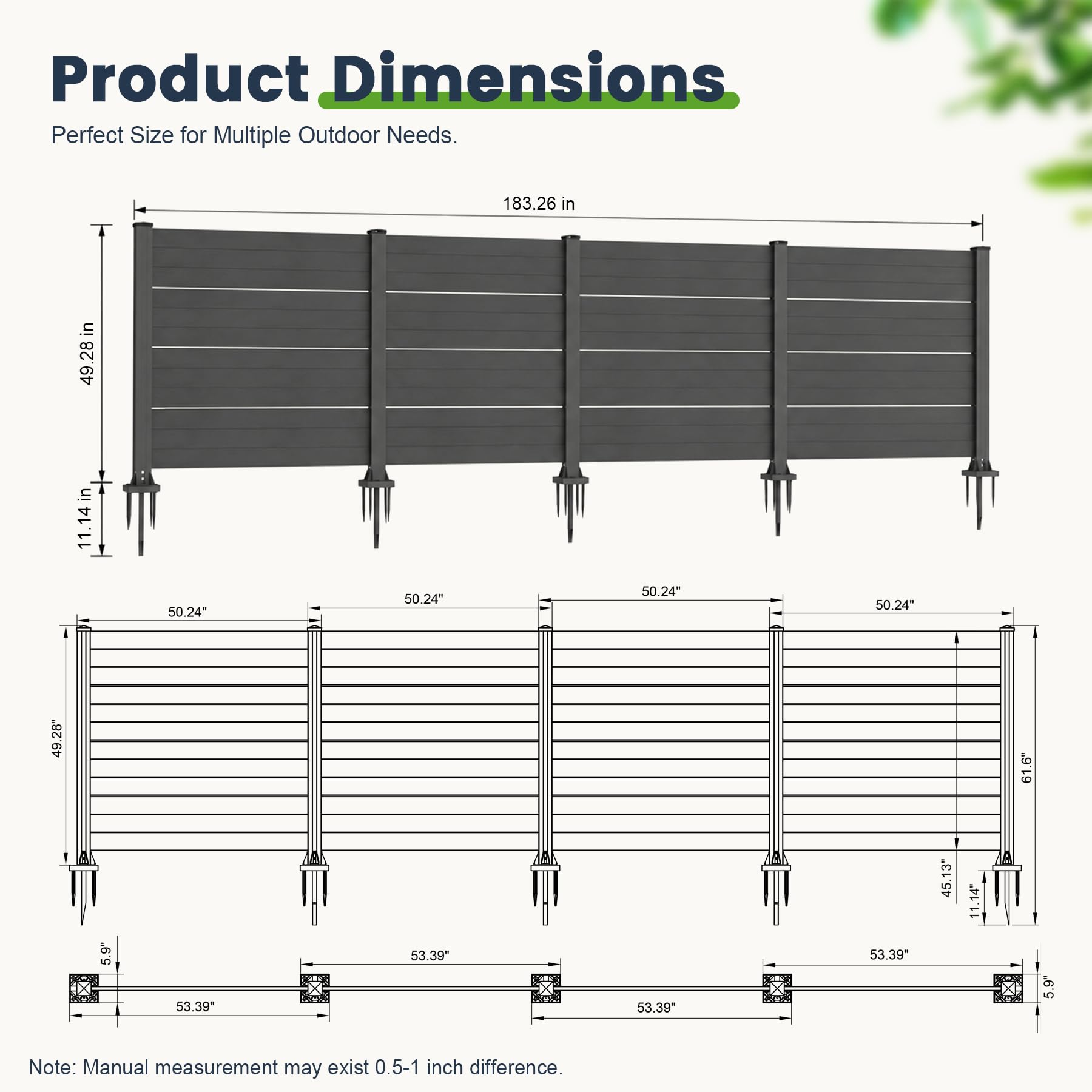 50" W x 49" H Outdoor Privacy Screen with Aluminum Posts, 4 Panels, Dark