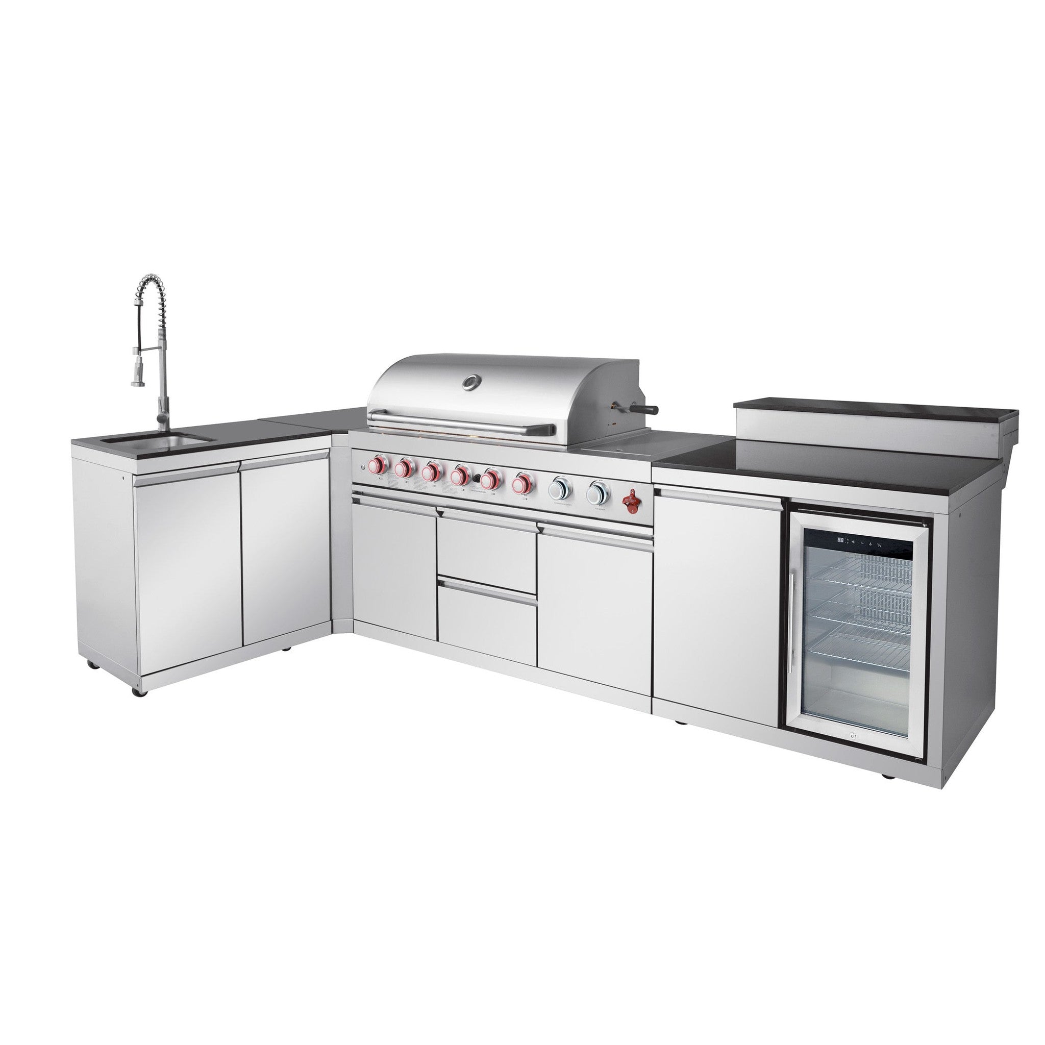 95.8"  6+1 Burner 95,500 BTU Outdoor Kitchen Island Grill Silver + Sink + Refrigerator + Bar Table