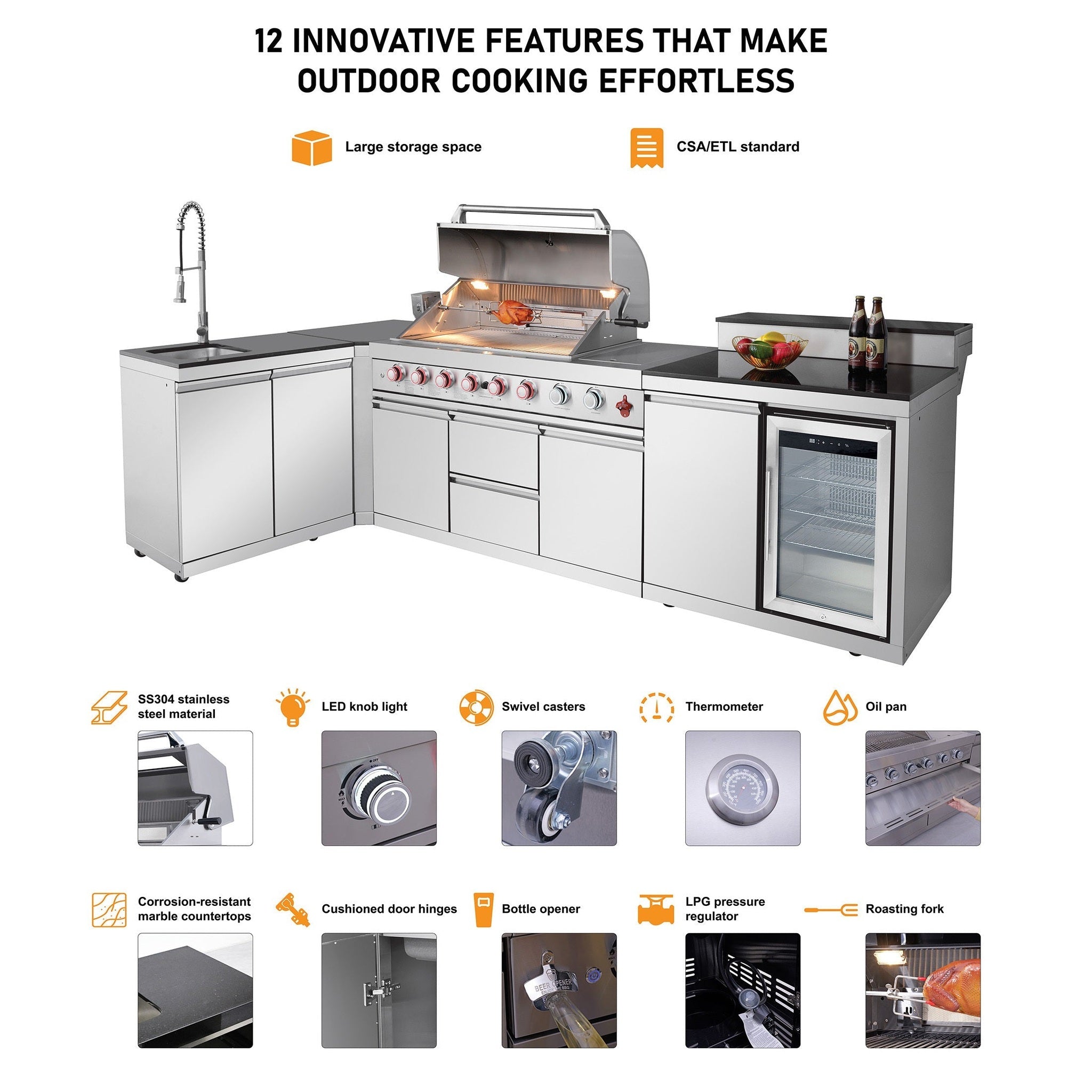 95.8"  6+1 Burner 95,500 BTU Outdoor Kitchen Island Grill Silver + Sink + Refrigerator + Bar Table