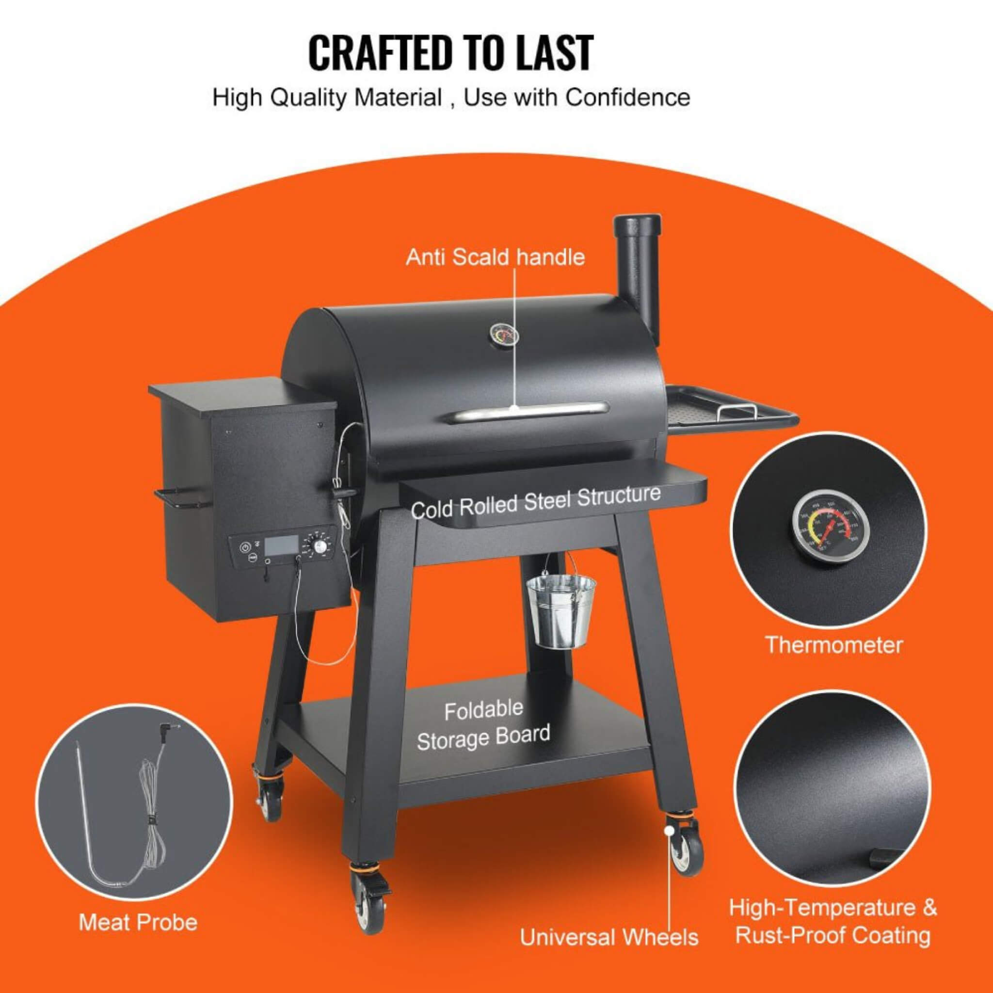 53-Inch Heavy-Duty Portable Wood Pellet BBQ Grill With Cart