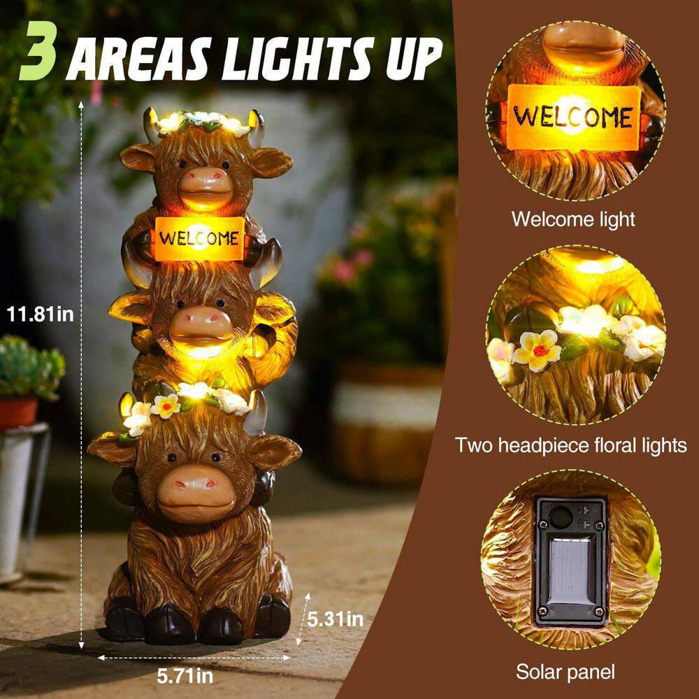 Garden Highland Cow Statue Solar Outdoor Decor with Flower Decoration Funny Triple Highland Cow Decor