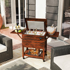 54 Quart Wooden Cooler Cart for Patio Rolling Ice Chest with Shelves-Brown