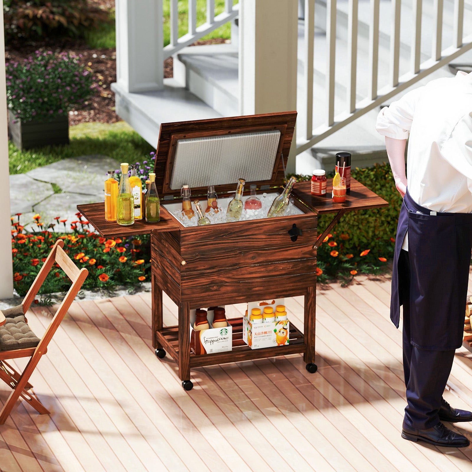 54 Quart Wooden Cooler Cart for Patio Rolling Ice Chest with Shelves-Brown