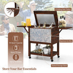 54 Quart Wooden Cooler Cart for Patio Rolling Ice Chest with Shelves-Brown