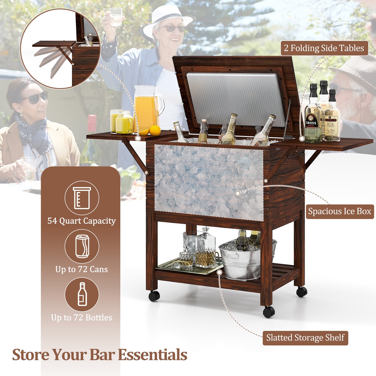 54 Quart Wooden Cooler Cart for Patio Rolling Ice Chest with Shelves-Brown