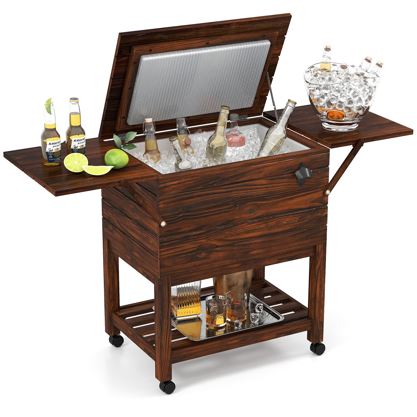 54 Quart Wooden Cooler Cart for Patio Rolling Ice Chest with Shelves-Brown