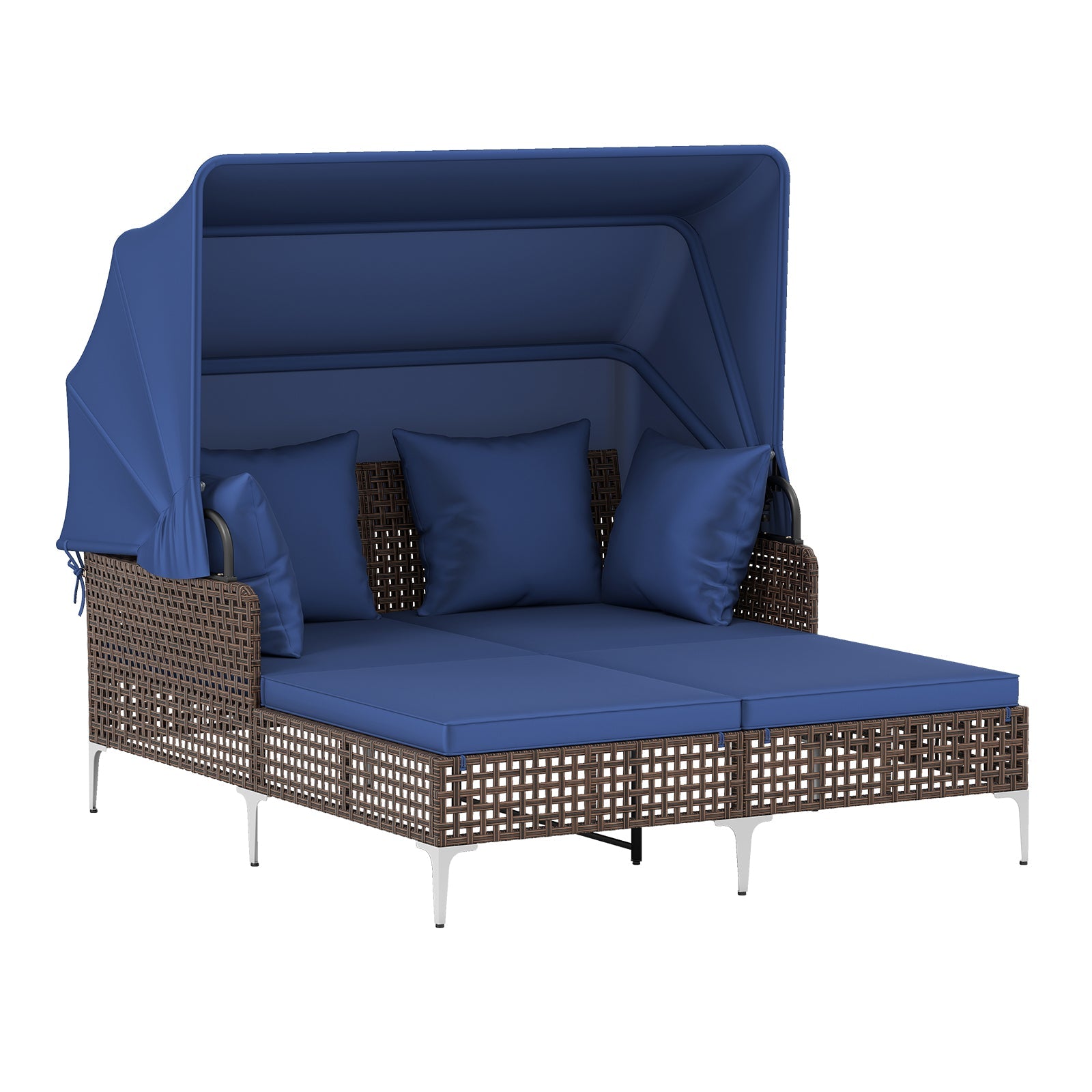Outdoor Daybed with Retractable Canopy - Wicker Rattan Patio Lounger