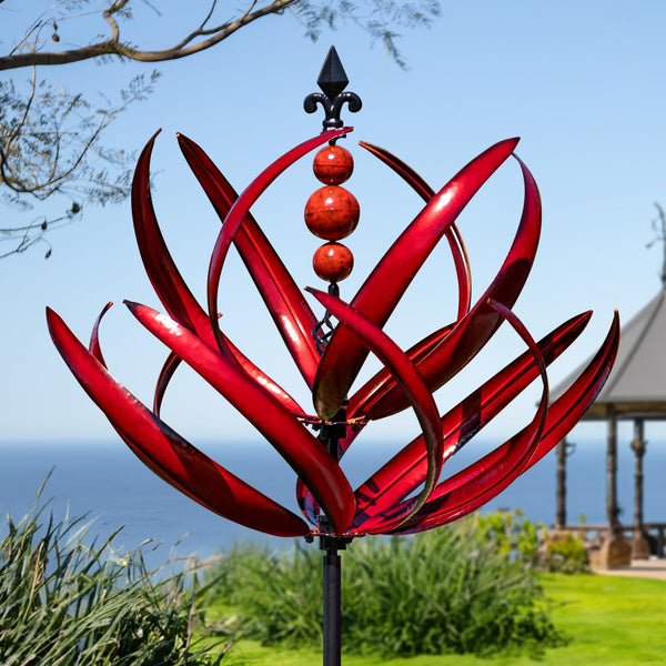 Wind Spinner for Garden and Yard - Large Metal Kinetic Wind Sculptures for Outdoor Decor (91 Inches, Burgundy Lotus)
