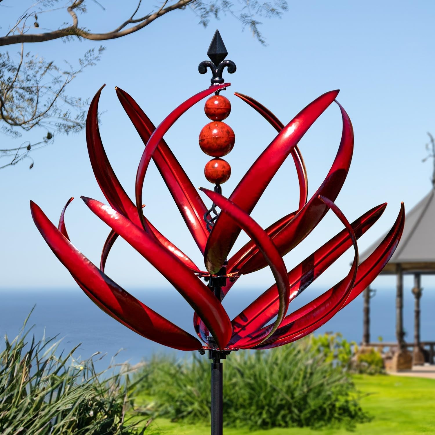 Wind Spinner for Garden and Yard - Large Metal Kinetic Wind Sculptures for Outdoor Decor (91 Inches, Burgundy Lotus)