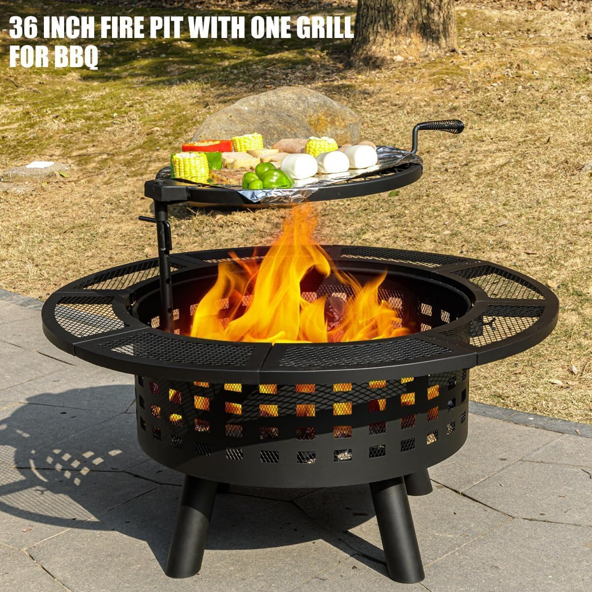 36 Inch Outdoor Fire Pit with Grill,Wood Burning Firepits for outside with Lid & Fire Poker,Metal 3-In-1 Fire Pit Table with Cooking Grate,Outdoor Fireplaces for Bonfire,Yard,Bbqï¼ˆJet Blackï¼‰