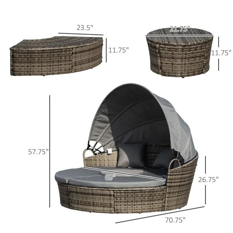 Outdoor Round Daybed Set PE Rattan Dark Gray 4 Piece Canopy