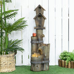 Outdoor Fountain With Birdhouse, Cascading Garden Waterfall