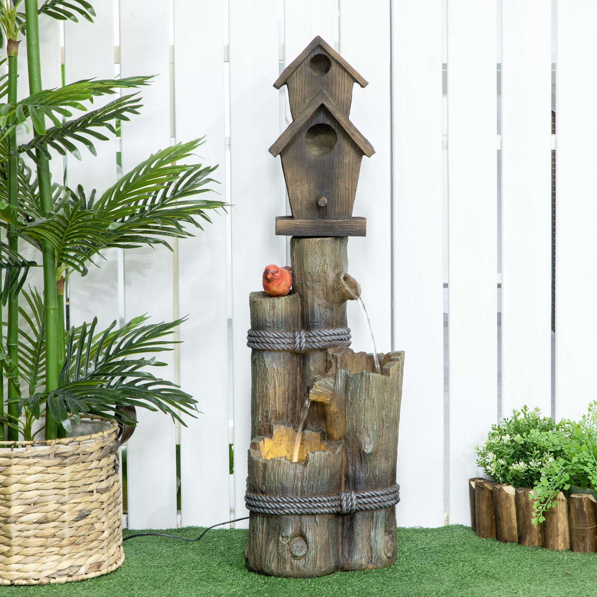Outdoor Fountain With Birdhouse, Cascading Garden Waterfall