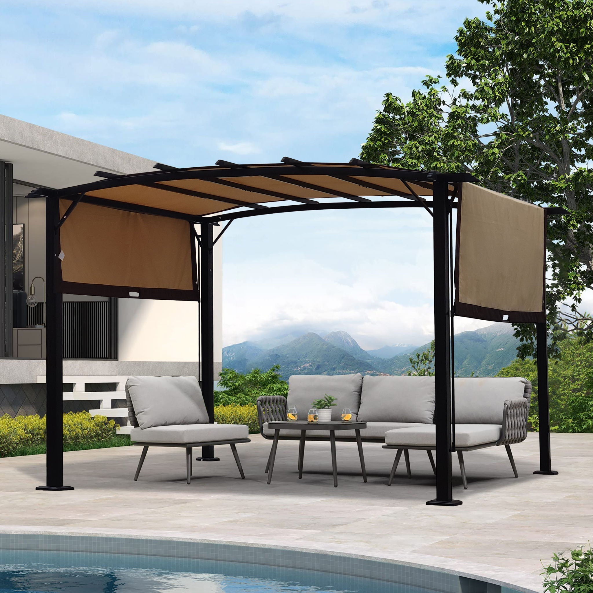 12' x 9' Outdoor Patio Pergola Gazebo - Steel Frame Sun Shelter With Retractable Canopy