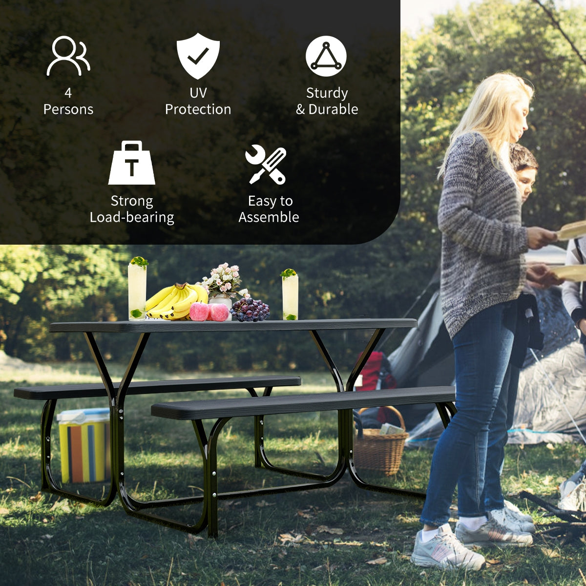 HDPE Outdoor Picnic Table Bench Set with Metal Base - available in 5 colors
